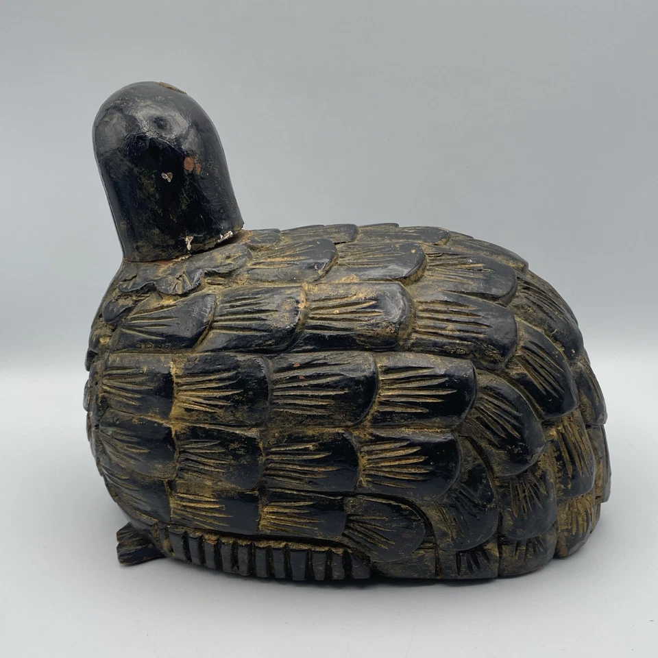 Antigua estatua japonesa de madera tallada pájaro codorniz madera lacada acento dorado Foto 4 de 4