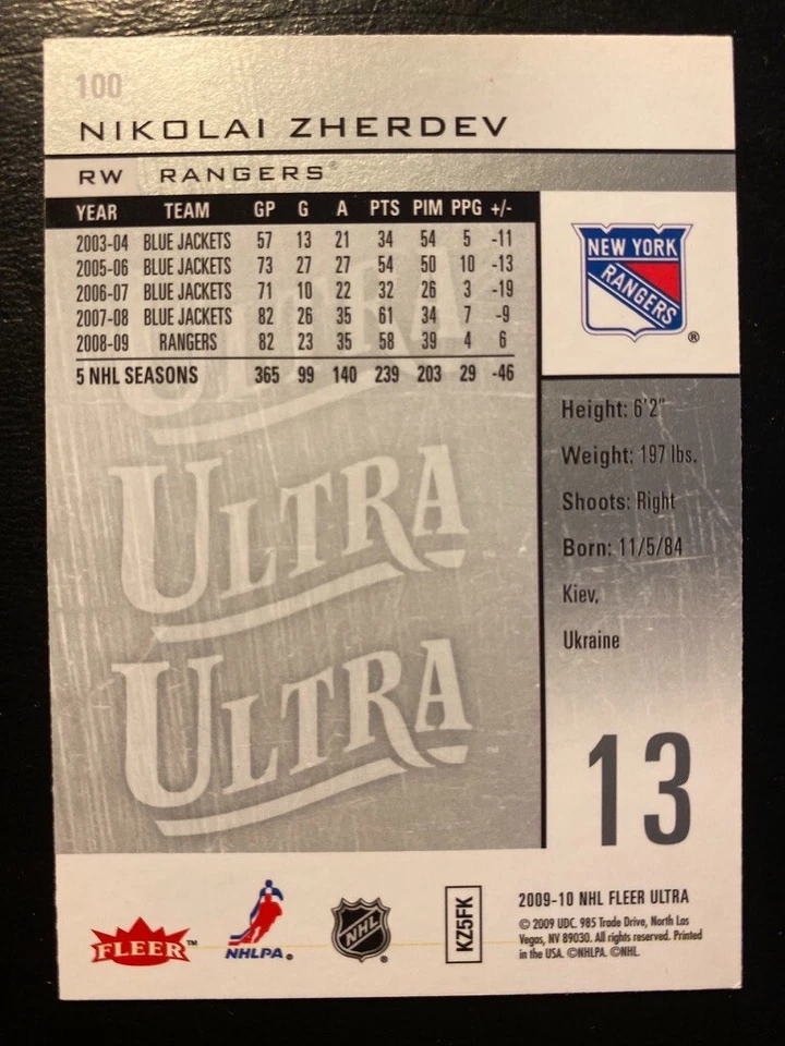 Nikolai Zherdev 2009-10 NHL Fleer Ultra #100 New York Rangers - Image 2 of 2