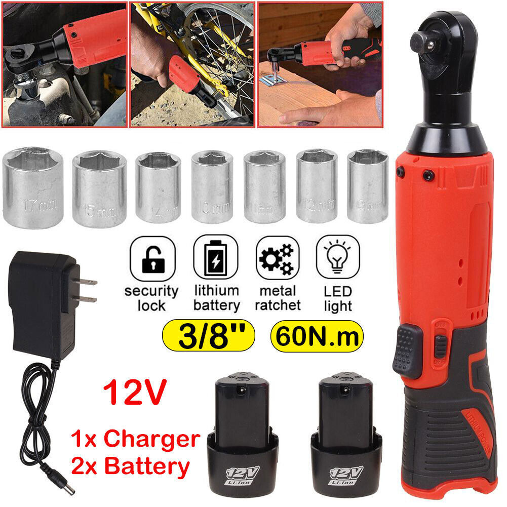 Electric Cordless Ratchet 3/8" Right Angle Wrench Impact Power Tool + 2 Battery