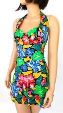 Vintage one piece swimsuit L bustier halter rare neon floral pin-up Mini Dress