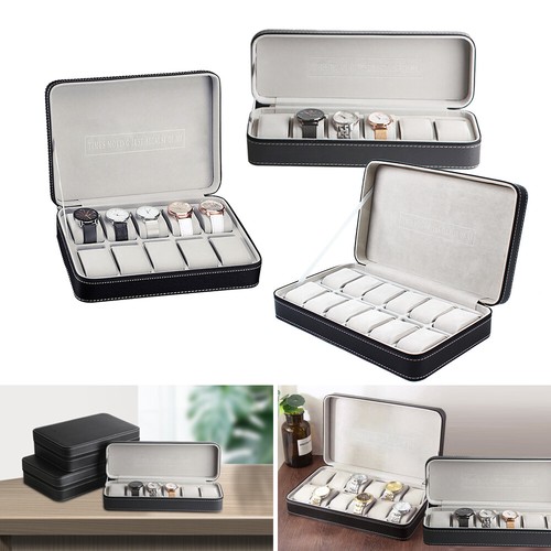 Caja de reloj 6/10/12 ranuras exhibición de joyas almacenamiento estuche con cremallera caja organizadora negra