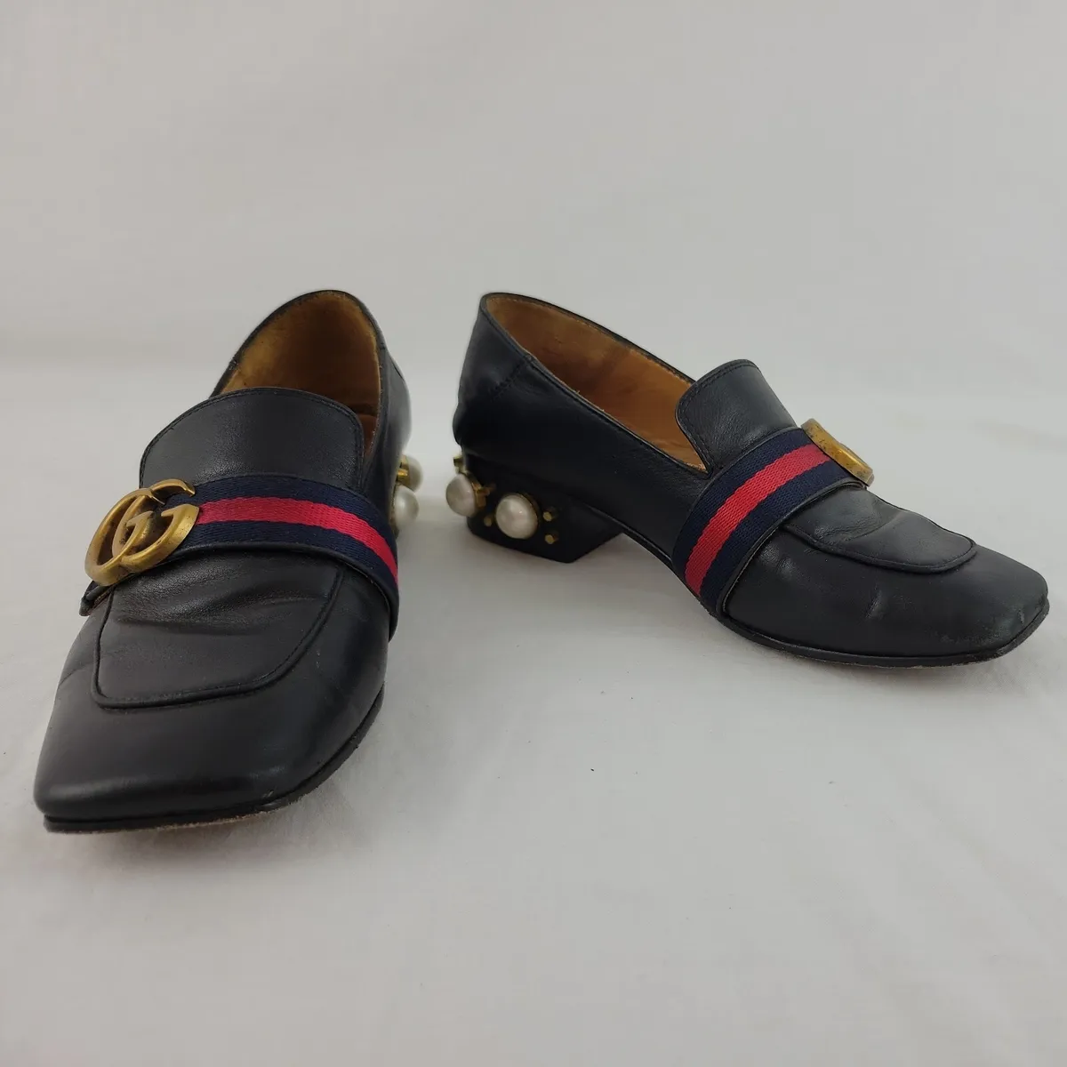 Gucci Black Leather Shoes Womens 7 37 Peyton Mid Heel Loafer Pearl  Embellished