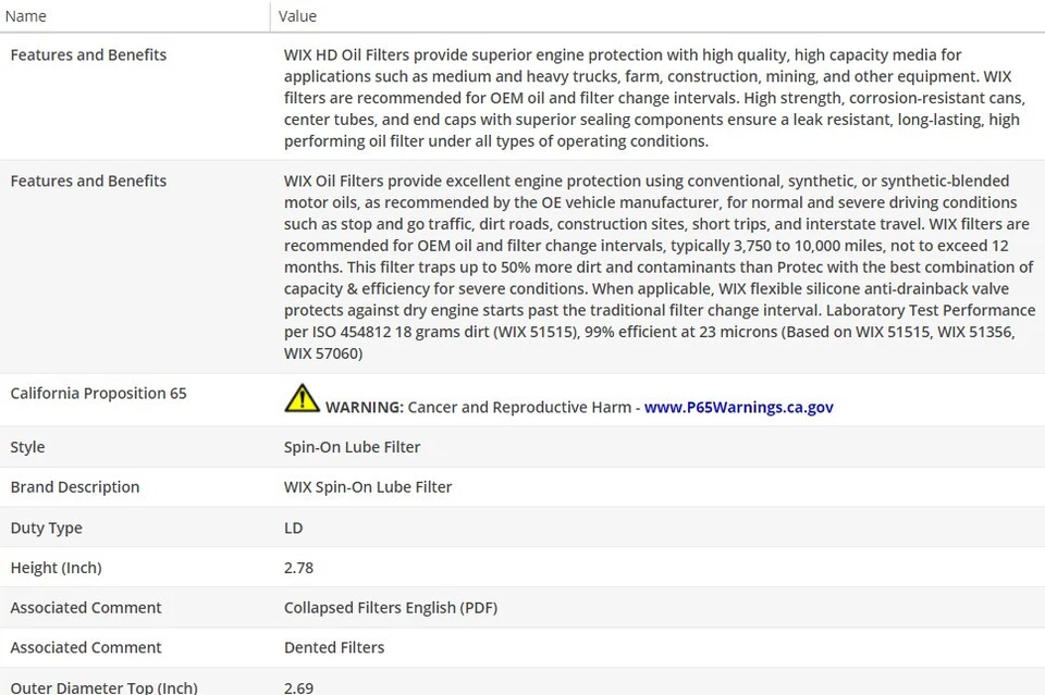 Filtro de aceite de motor OEM WIX para Nissan Sentra 1996-2001 L4-2,0 L Foto 3 de 4