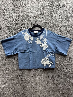 3.1 Phillip Lim Floral Embroidered Box Type Crop Top Blue Womens Size 4
