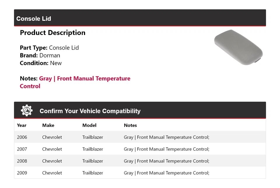 Крышка консоли для 2006-2009 Chevrolet Trailblazer Dorman 2007 2008 - Изображение 2 из 4