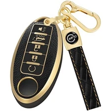 Key Fob Cover for Nissan with Black Leather Keychain Nissan5Black (5 Buttons)