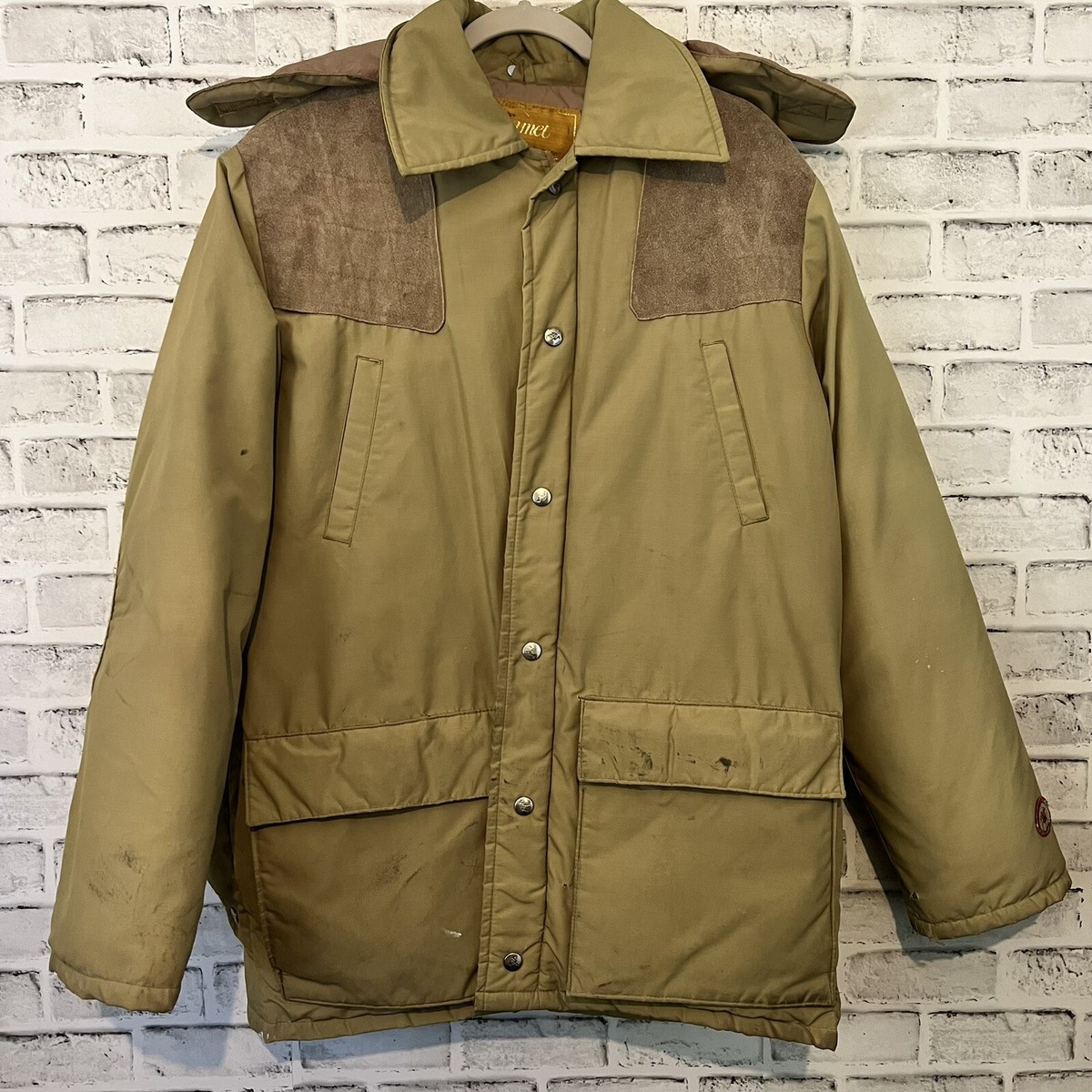 Vintage Camel Goose Down Hooded Hunting Outdoor Coat Jacket Mens