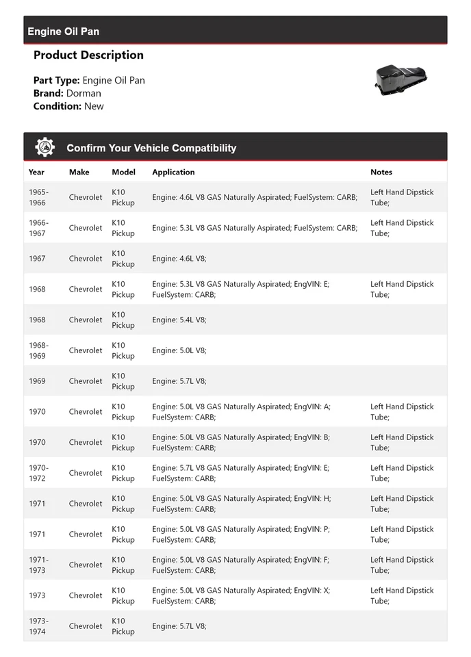 适用于 1965 - 1974 雪佛兰 K10 拾音器 Dorman 发动机油盘 1966 1967 1969 — 第 2/4 张图片