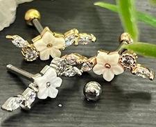 1pc Mother of Pearl Flower Gem Vine Tragus Helix Cartilage Barbell Ring 16g 1/4"