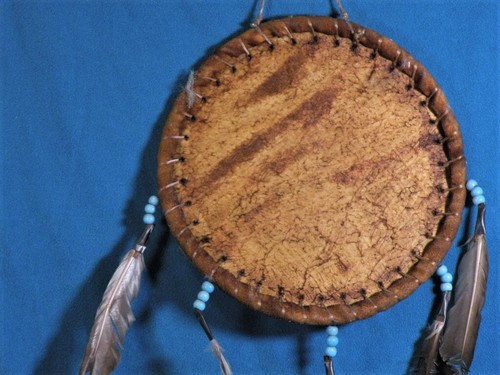 Native American Leather Dream Catcher w Turquoise Beading w Hand Painted Symbol. - Picture 5 of 6