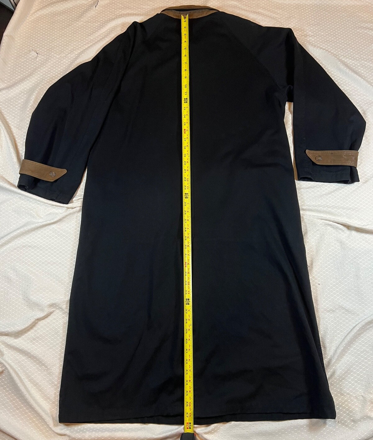 Mens S Vintage Overland Outfitters Long Trench Coat Black Leather Trims Button image 4