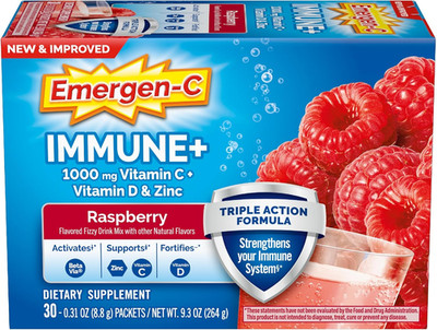 Emergen-C Immune+ Raspberry Vit C Powder, Triple Action Immune Support, 30 Pack