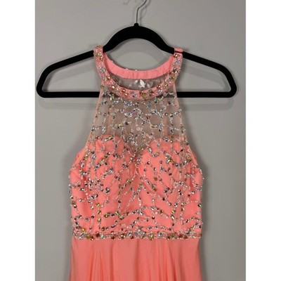 coral halter prom dress Coral Halter Beaded Two-piece Fit-and-flare Prom Dress
