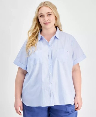 Tommy Hilfiger Women's Blue Cotton Patchwork-Print Camp Shirt Plus Size 0X