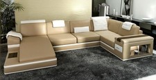 Ecksofa Sofa Beige USB Couch Polster Leder Garnitur Wohnlandschaft Ecke Wohn LED