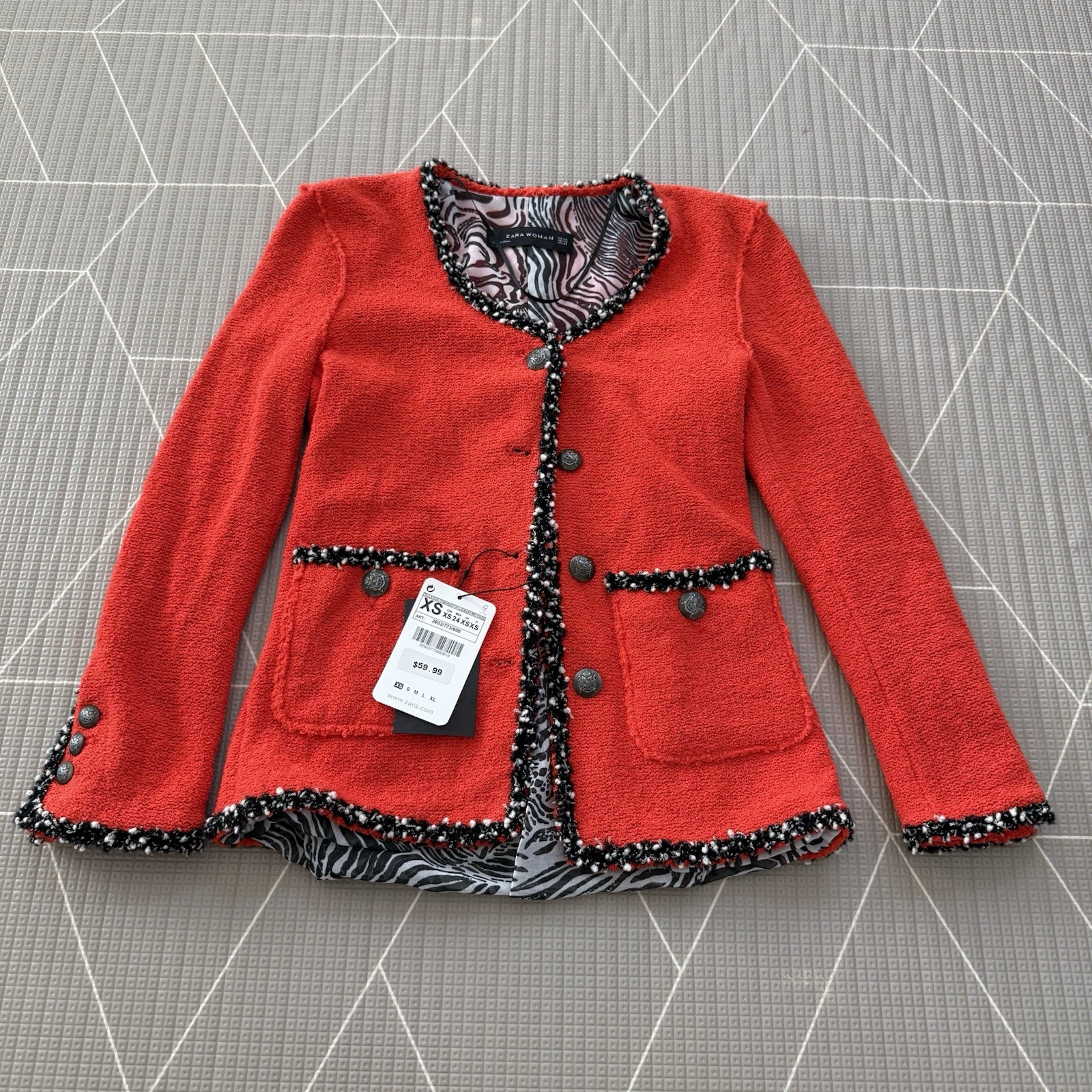 NEW Zara Jacket Cardigan Size XS Red Tweed with Black Piping Metal Buttons