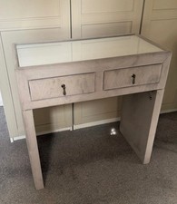 Grey velvet dressing table with x2 drawers and glass top finish