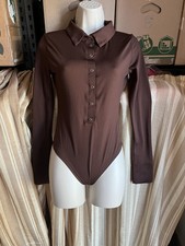 Womens Collar Snap Front Snap Long Sleeve Cheeky Cut Bodysuit. Small