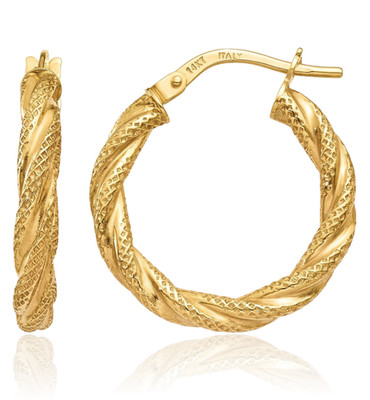 14K Gelbgold mittelgroße gedrehte runde Creolen 21 mm 7/8 Zoll leicht,