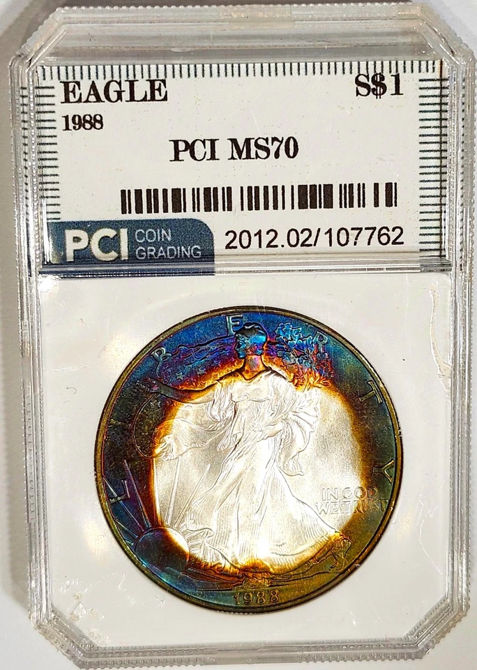 1988 Silver Eagle Perfect Gem BU +++ Bright Neon Rainbow Color Toned - Image 3 of 4