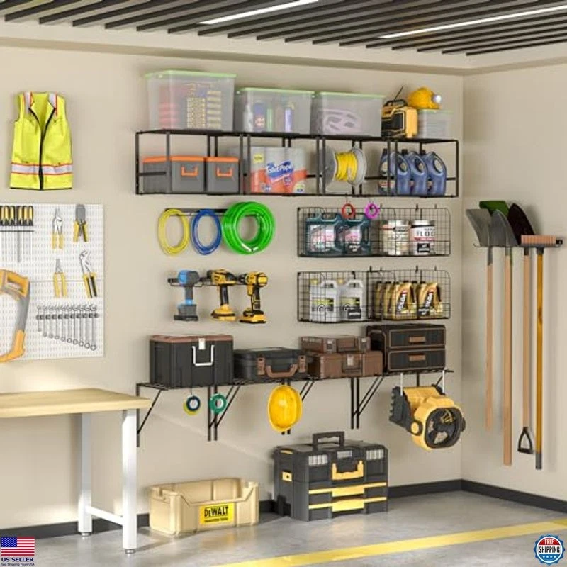 Heavy Duty Wall Mounted Garage Shelf with Wire Baskets & Tool Hooks Organizer Foto 3 de 4