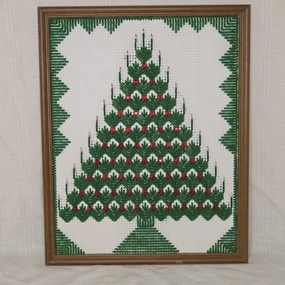 VTG Framed Christmas Tree Handmade Needle Work Bead Wall Decoration Holiday