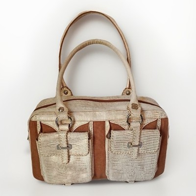 Bosca Womens Leather Double Handle Rectangular Shoulder Bag Gold Tone