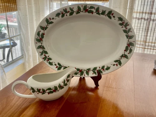 Lot Of China Pearl Vintage Noel Holly Berries  14" Serving Platter/ Gravy Boat