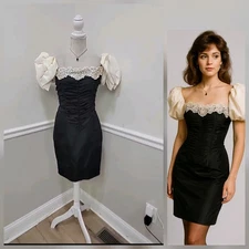 Vtg 80s Jessica McClintock Black Taffeta Sequin Pencil Dress Puff Off Shoulder 7