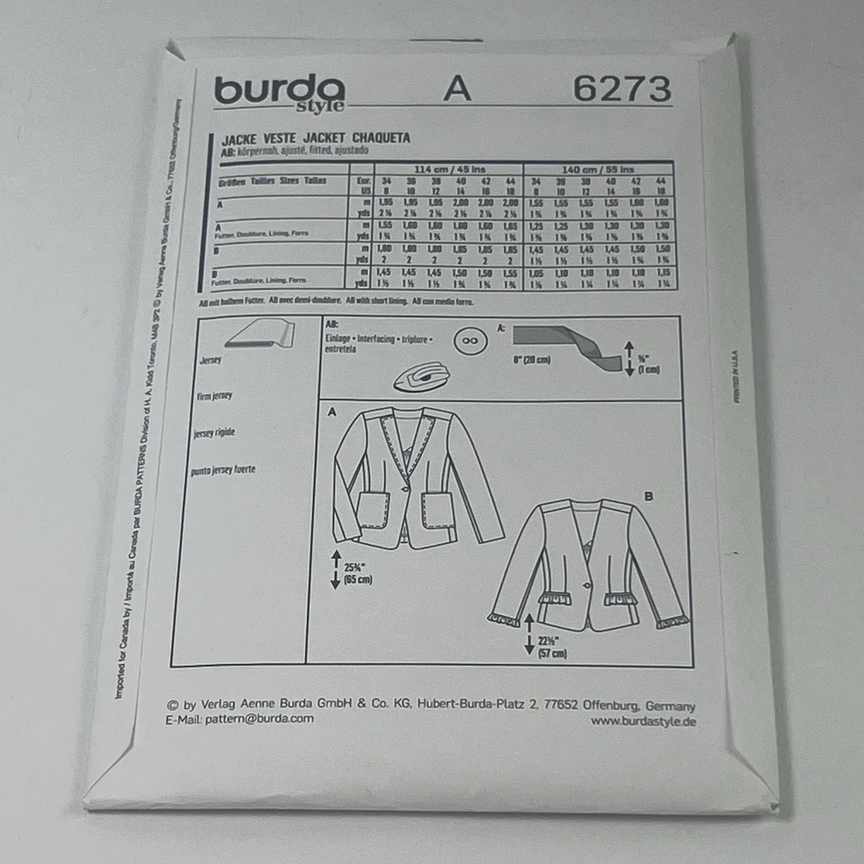 Burda 6273 Single Button, Stable Knit Blazer Jacket in 2 Lengths Sz 8-18 UNCUT - Image 4 of 4