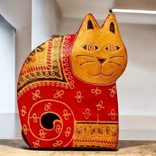 Vintage Leather Cat Coin Bank Red