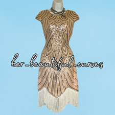 LADIES 20s SEQUINED BEADED FLAPPER FRINGED PARTY DRESS SIZE XL fits UK 12/14