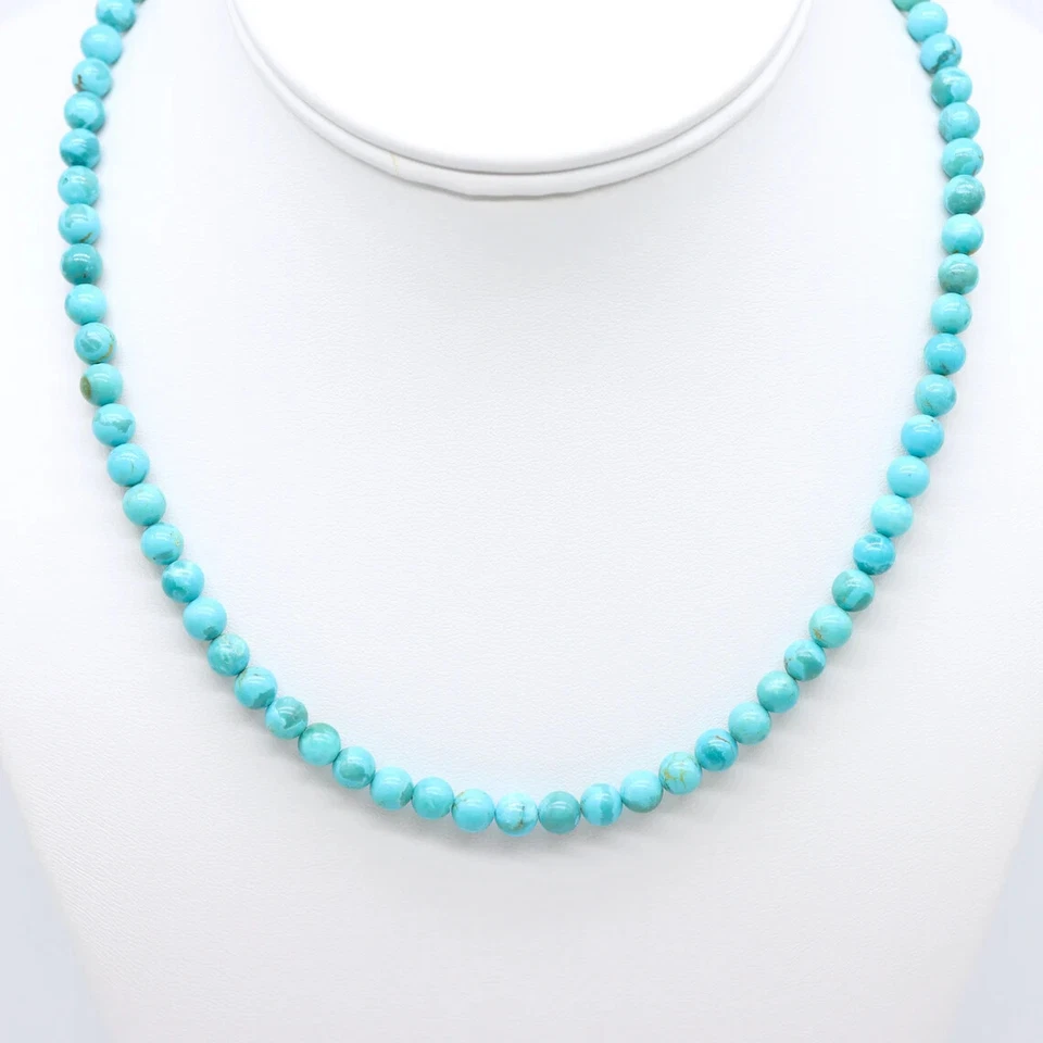 Bright Sky Blue Turquoise Necklace, 6mm Round Beaded Arizona Gemstone Choker - Image 2 of 4