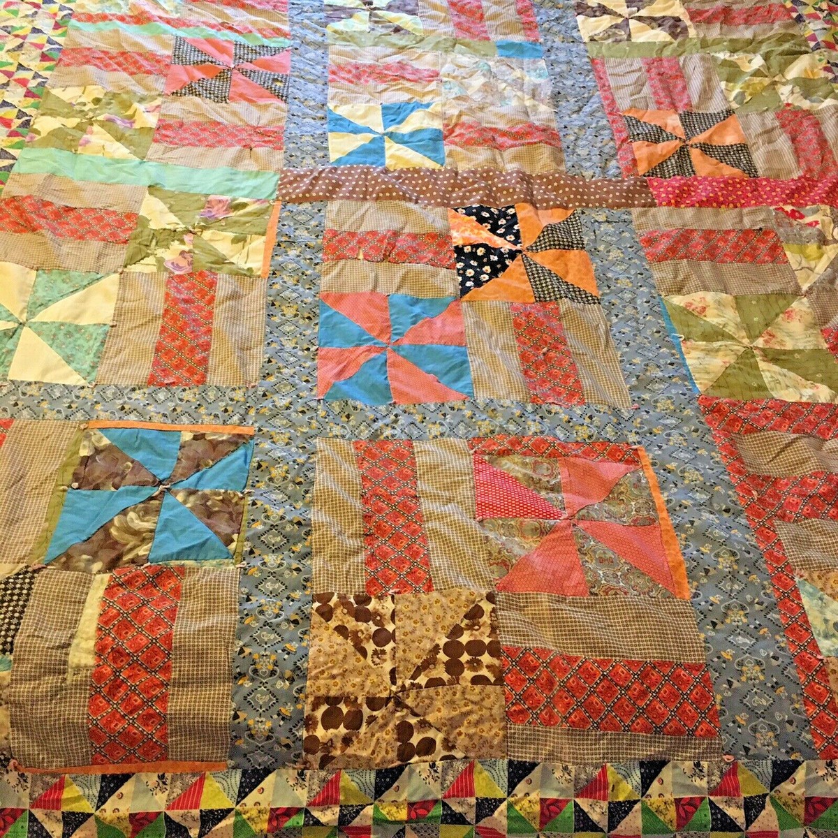 Antique Vintage Quilt Pinwheel Blocks 79” By 64” Multicolor