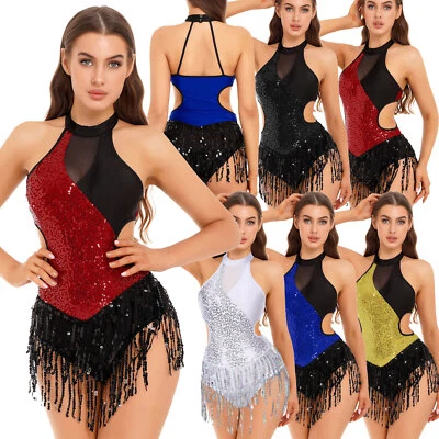 UK Women Tassel Latin Dance Dress Sequins Leotard Cha Cha Samba Ballroom Costume