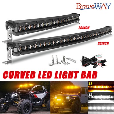 20/32'' Curved LED Light Bar Amber/White Strobe Hazard Warning Emergency SUV UTV