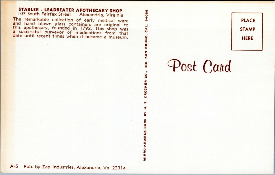 postcard Alexandria, Virginia Stabler Leadbeater Apothecary Shop