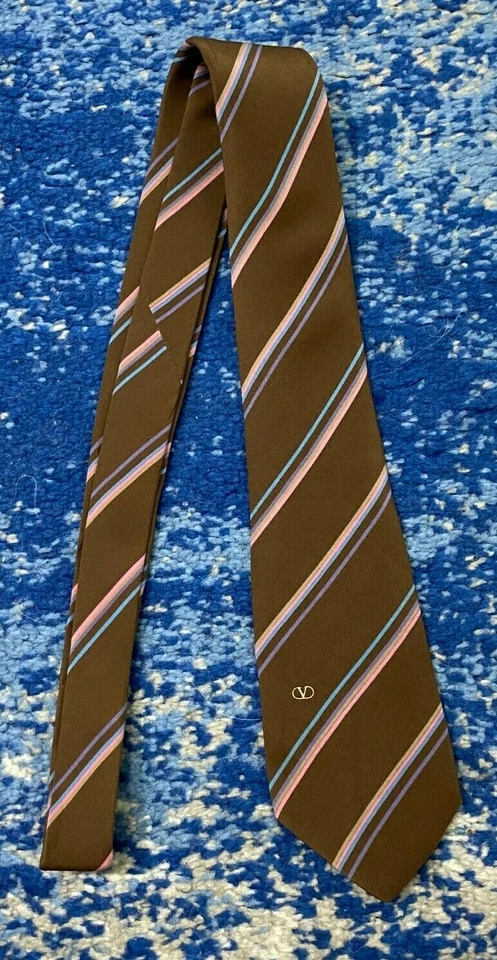 Vintage Valentino Brown Pink Blue Purple Tan Bias Stripe Logo Silk Necktie Italy - Image 2 of 4