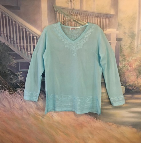 Schönes helltürkises Langarm Damen besticktes Kurti Top Gr. M von Rupien - Bild 3 von 12