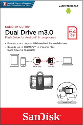 SanDisk 64GB OTG Dual USB 3.0 to m3.0 Micro Flash Drive For Android SDDD3-064G