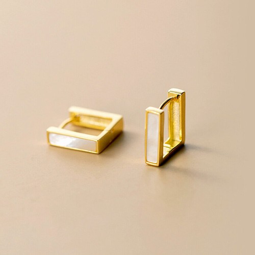 1 Pair Gold-plated Sterling Silver Shell Square Huggie Hoop Earrings - Picture 1 of 17