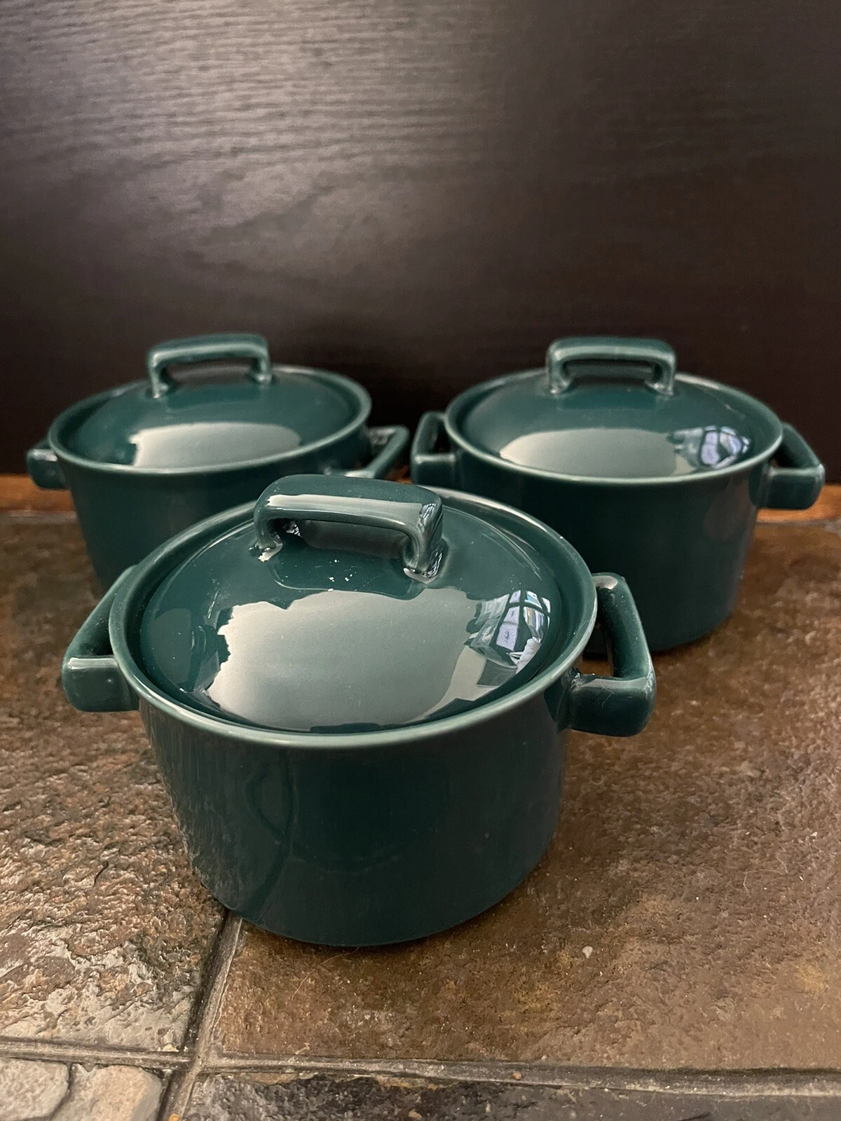 MDZF Mini Ceramic Baking Bowls Casserole With Lid & Handle 10 Oz (3 Set ) Green