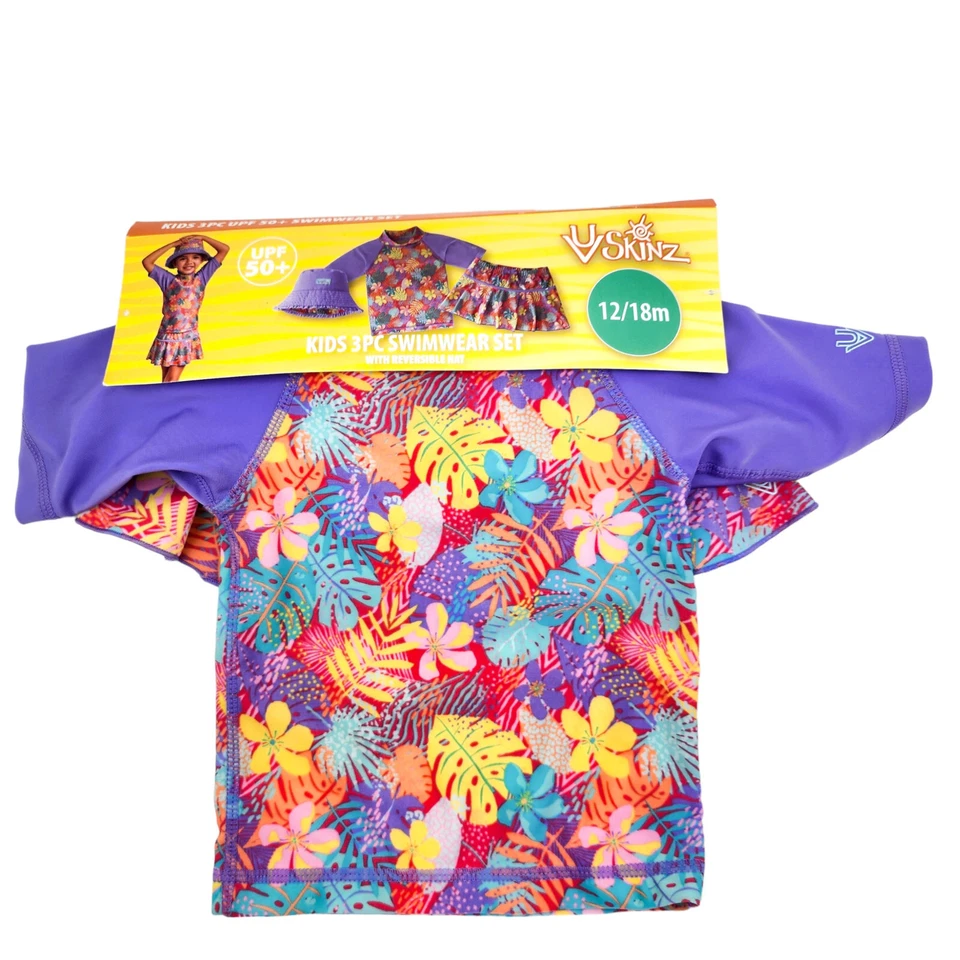 UV Skinz Kinder 3-teiliges Bademoden-Set Mütze Rashguard Top und Schwimmrock 12-18 M Etikett
