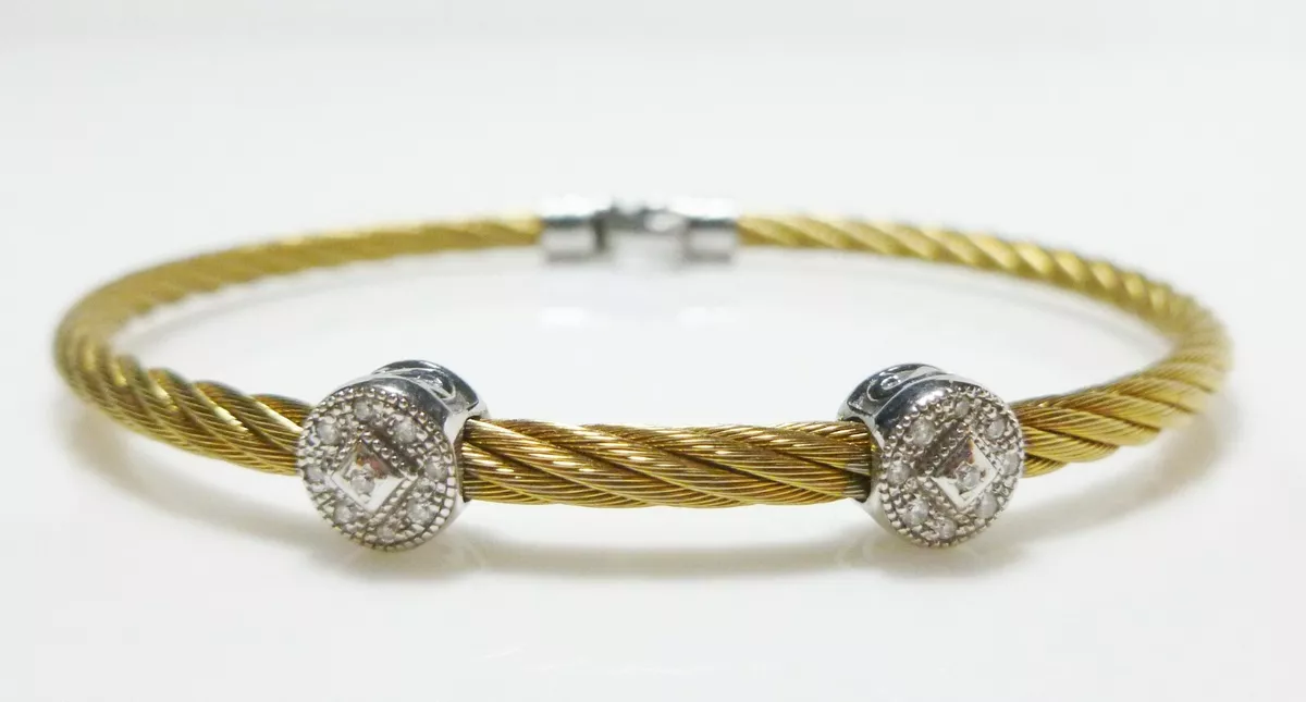 CHARRIOL 18K WHITE GOLD .18CT DIAMOND YELLOW STAINLESS STEEL CABLE BRACELET NEW