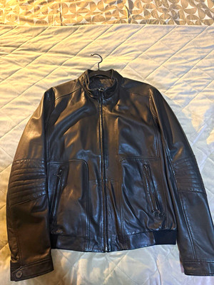 BOSS Men s Black Leather Bomber Jacket Full Zip Band Collar Size 40R
