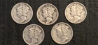 1940, 41, 42, 43, 44, All S,  Mercury Dimes, 10c, US Coins, Circ., Lot of 5