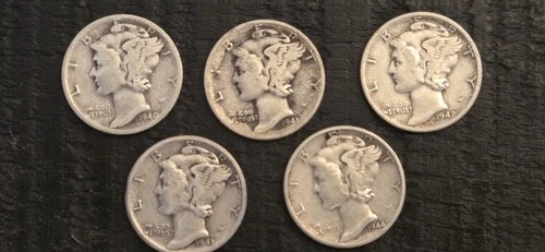 1940, 41, 42, 43, 44, All S,  Mercury Dimes, 10c, US Coins, Circ., Lot of 5
