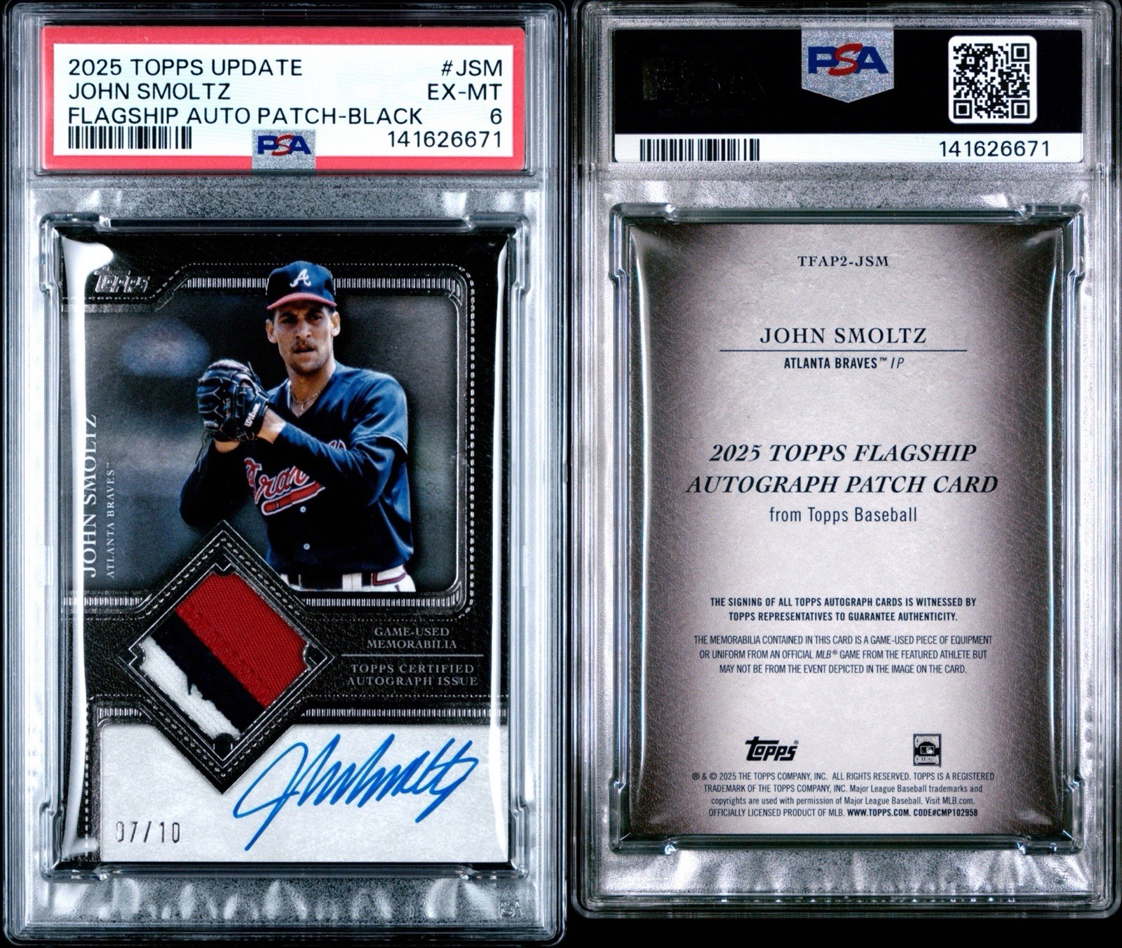 2025 Topps Update John Smoltz Game Worn Patch Auto /10 #JSM PSA 6 view 3