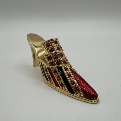 #ad Vintage Miniature High Heel Shoe Gold Tone Red Rhinestones Black Enamel $8.00