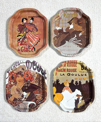 Vintage French Poster Art Small Metal Trays Set 4 Moulin Rouge, Palais de Glace